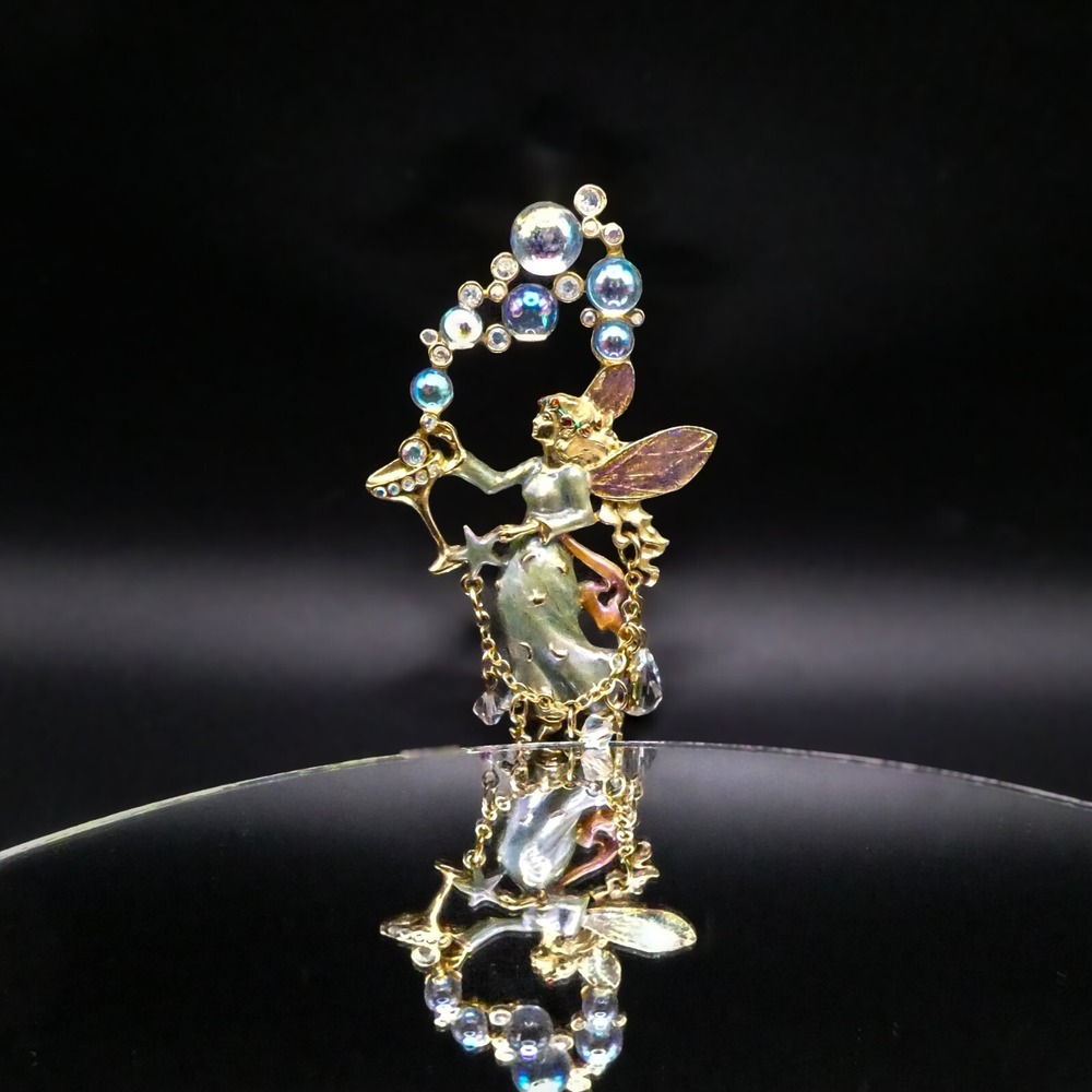 Kirks Folly Bubble Fairy Brooch Pin Champagne Glass Enamel Green & Blue Large 3"